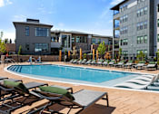 Thumbnail 50 of 58 - A pool surrounded by lounge chairs and a building in the background.