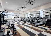 Thumbnail 4 of 22 - A gym with a variety of equipment including treadmills, weights, and exercise machines.
