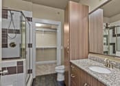 Thumbnail 11 of 23 - Modern bathroom with granite vanity and walk-in closet at Matilda at Lower Greenville Apartments, Texas, 75206