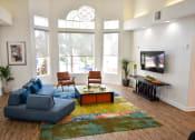 Thumbnail 10 of 26 - Clubhouse seating area with navy blue sofas, Coffee table, and mounted television on wall.  large picture windows providing a natural light within the room