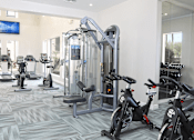 Thumbnail 20 of 37 - A gym with a variety of exercise equipment including treadmills, stationary bikes, and weight machines.