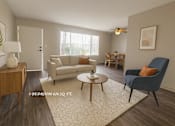 Thumbnail 5 of 17 - A living room with a couch, chair, and coffee table.