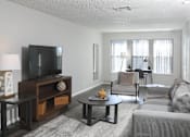 Thumbnail 17 of 25 - a living room with a couch and a table and a television