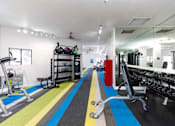 Thumbnail 19 of 20 - A gym with a variety of equipment including a treadmill, weights, and a bench press.