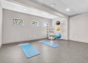 Thumbnail 16 of 24 - A room with a blue mat and a blue ball on the floor.