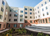 Thumbnail 3 of 11 - A modern building with a landscaped courtyard in front.