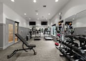 Thumbnail 6 of 15 - A gym with a variety of equipment including weights and a bench.