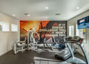 Thumbnail 8 of 11 - a gym with exercise equipment and a large mural on the wall