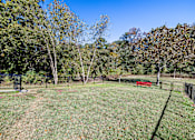 Thumbnail 27 of 31 - A park with a red bench and a fence.
