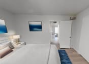 Thumbnail 3 of 16 - a white bedroom with a white bed and a blue rug