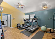 Thumbnail 12 of 38 - A room with a treadmill, exercise ball, and weights.