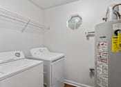 Thumbnail 28 of 38 - A small laundry room with a washer and dryer.
