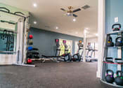 Thumbnail 30 of 37 - a home gym with weights and a ceiling fan