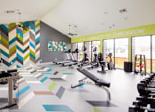 Thumbnail 6 of 18 - A gym with a variety of equipment and a colorful wall.
