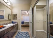 Thumbnail 23 of 25 - a bathroom with a shower and a sink and a mirror