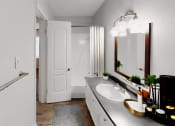 Thumbnail 13 of 18 - a bathroom with a sink and a mirror and a shower