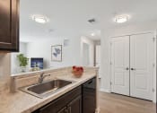 Thumbnail 14 of 19 - a kitchen with a sink and a door to a hallway