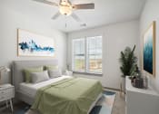 Thumbnail 5 of 14 - a bedroom with a green bed and a ceiling fan
