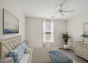 Thumbnail 16 of 19 - a bedroom with a bed and a dresser and a ceiling fan