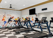 Thumbnail 10 of 31 - A gym with treadmills and a wall mural.