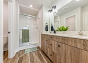 Thumbnail 42 of 48 - A bathroom with a walk-in shower and a large mirror.