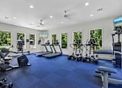 Thumbnail 71 of 71 - A spacious gym with a variety of equipment and a view of trees through the windows.