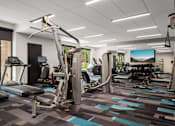 Thumbnail 35 of 41 - A gym with a variety of equipment including treadmills, weights, and exercise machines.