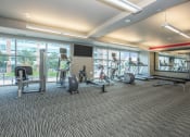 Thumbnail 20 of 33 - a gym with weights and cardio equipment on the floor and large windows