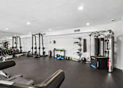 Thumbnail 53 of 61 - A gym with a variety of equipment including weights and machines.