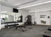 Thumbnail 21 of 45 - a gym with weights and other exercise equipment in the corner of a room at Verge Apartments in St. Louis Park, MN