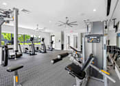 Thumbnail 21 of 35 - a gym with weights and cardio equipment in a building with windows