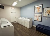 Thumbnail 37 of 64 - A room with a row of washing machines and two framed pictures of foxes on the wall.