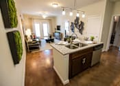 Thumbnail 15 of 64 - A modern kitchen with a green wall on the left side.