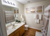 Thumbnail 21 of 58 - A bathroom with a toilet, sink, and shower curtain.