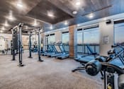 Thumbnail 15 of 37 - A gym with treadmills, weights, and a view of the outside.