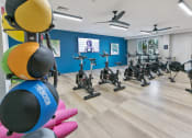 Thumbnail 13 of 39 - a fitness room with exercise bikes and a tv on the wall