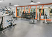 Thumbnail 15 of 39 - a gym with weights and cardio equipment in a building with orange walls