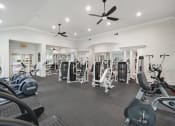 Thumbnail 25 of 36 - a gym with weights and cardio machines and ceiling fans