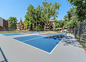Thumbnail 18 of 77 - A blue and white tennis court surrounded by trees and a fence.