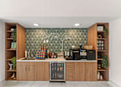 Thumbnail 4 of 47 - A kitchen with wooden cabinets and a green patterned backsplash.
