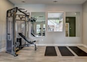 Thumbnail 13 of 40 - a home gym with a treadmill and rugs on the floor