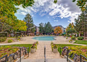Thumbnail 14 of 40 - a view of a swimming pool with trees and a building in the background