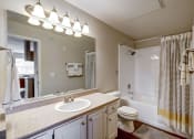 Thumbnail 21 of 32 - Apartments for Rent in Aurora, CO - Sonoma Resort at Saddle Rock - Bathroom with White Cabinets, Large Mirror, and Shower with Tub.