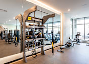 Thumbnail 29 of 43 - A gym with a variety of equipment including a TRX suspension trainer.