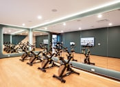 Thumbnail 28 of 43 - A gym with exercise bikes lined up in rows.