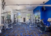 Thumbnail 25 of 48 - a gym with weights and other exercise equipment in a building with blue walls