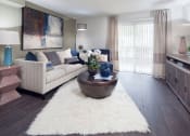Thumbnail 13 of 25 - Ardenne Apartment living room with white rug, couch and sliding glass doors to outside