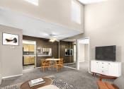 Thumbnail 4 of 19 - Generously sized living room seamlessly integrated with an open-concept kitchen, adorned with carpet flooring and illuminated by ample natural lighting