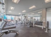Thumbnail 13 of 31 - a gym with cardio equipment and windows with a view of the city