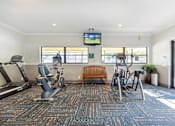 Thumbnail 19 of 22 - A gym with treadmills, exercise bikes, and a television.